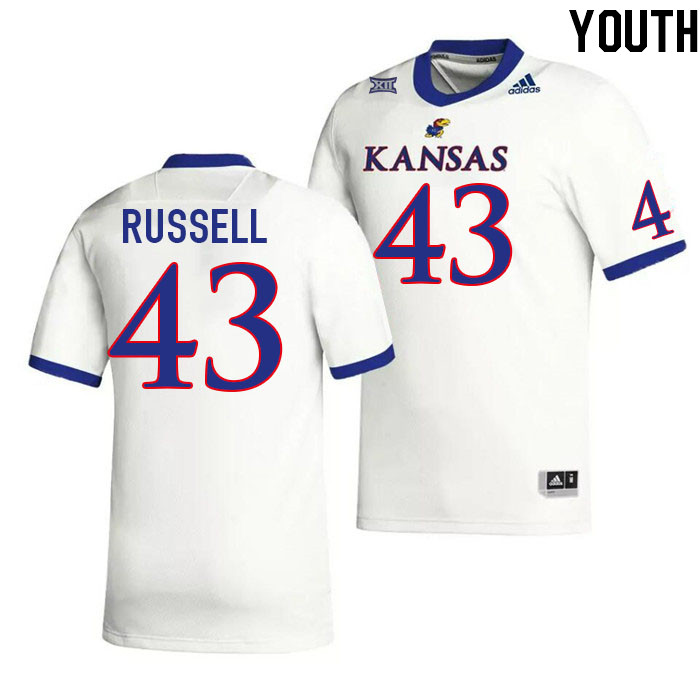 Youth #43 Andrew Russell Kansas Jayhawks College Football Jerseys Stitched Sale-White - Click Image to Close